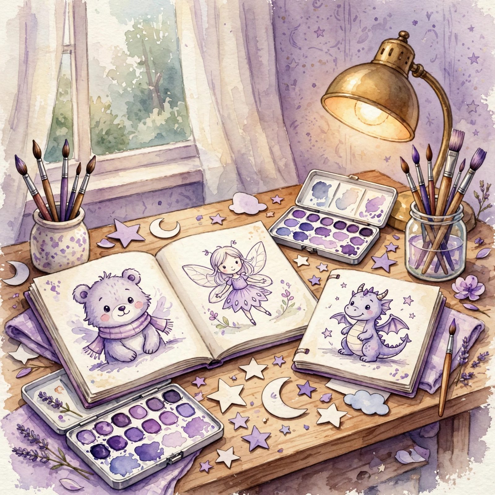 Watercolour illustration of an artist's desk with sketchbooks full of cute characters