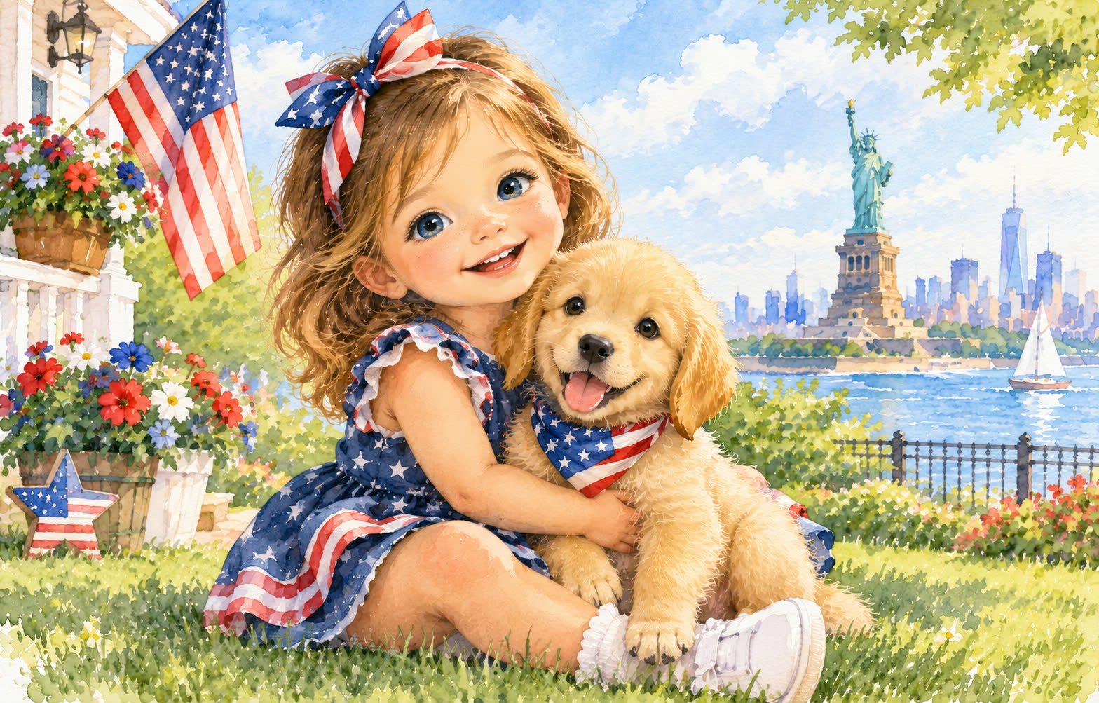 Girl hugging her puppy — watercolor illustration